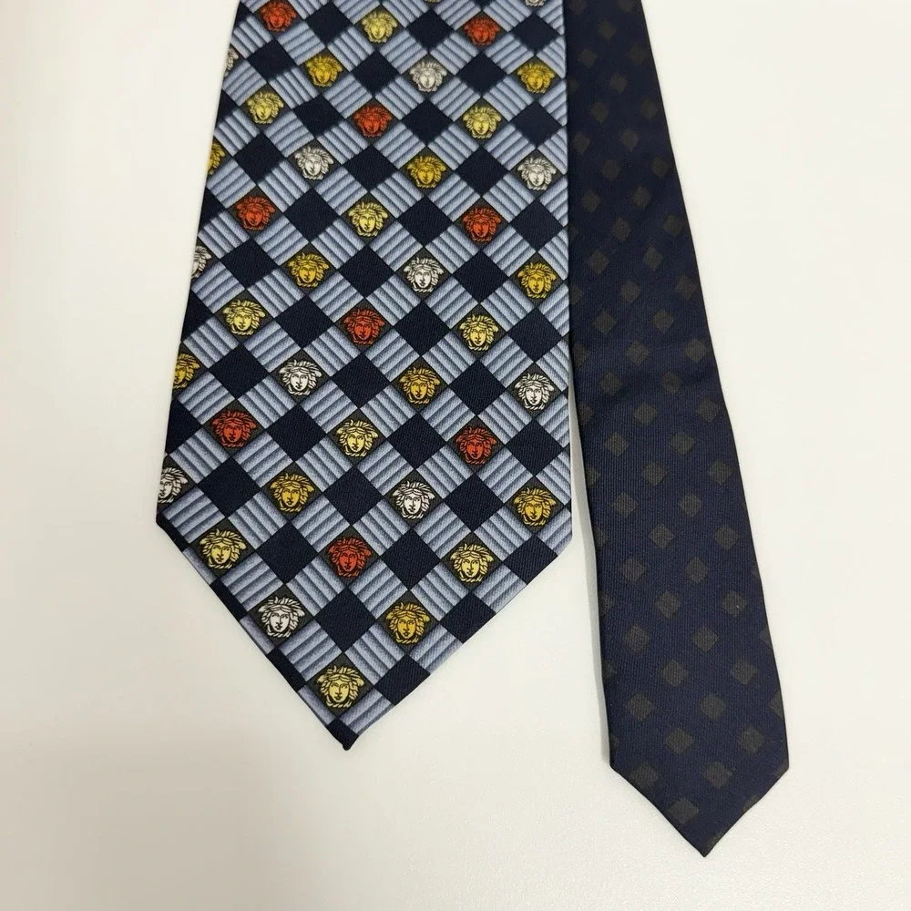 Versace Men's Tie Medusas Checkered Navy Silk Japan 3.75